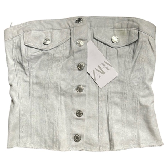 ZARA Women’s Strapless Button Front Corset Style Denim CroppedTop Sz:S SilverNWT - Picture 8 of 16